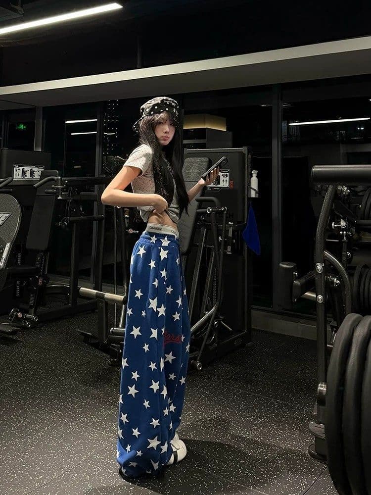 s-6xl 파란색 아메리칸 웨이 바지 여성 여름 디자인 센스 별 전체 인쇄 루즈핏 캐주얼 다용도 운동 바지 bf 상세 이미지 6