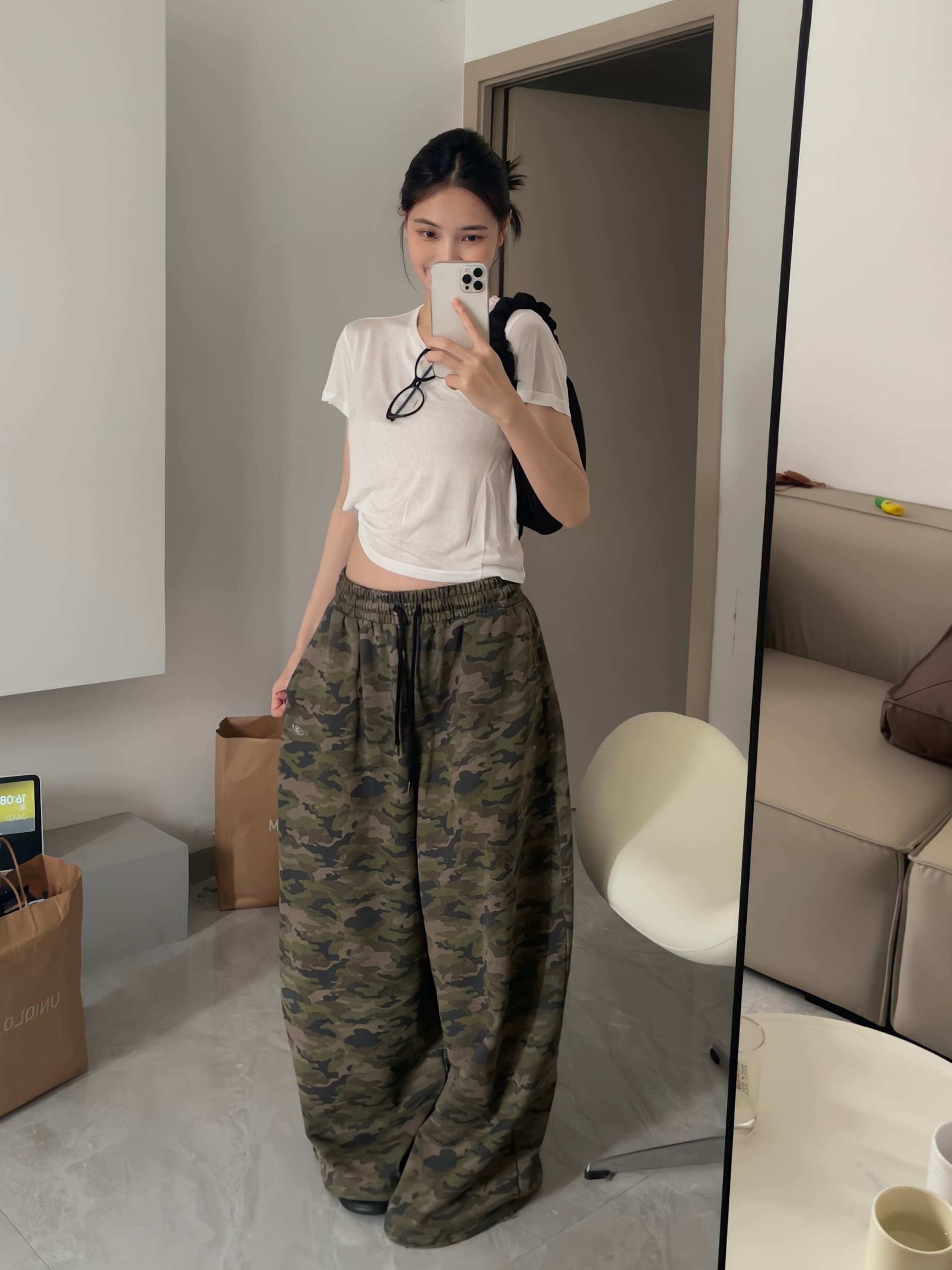 아메리칸 넓은 다리 카모플라주 바지 허리밴드 워시 물 순면 느긋한 프로필 모양 카모플라주 바지 털 서클 루즈핏 긴 바지