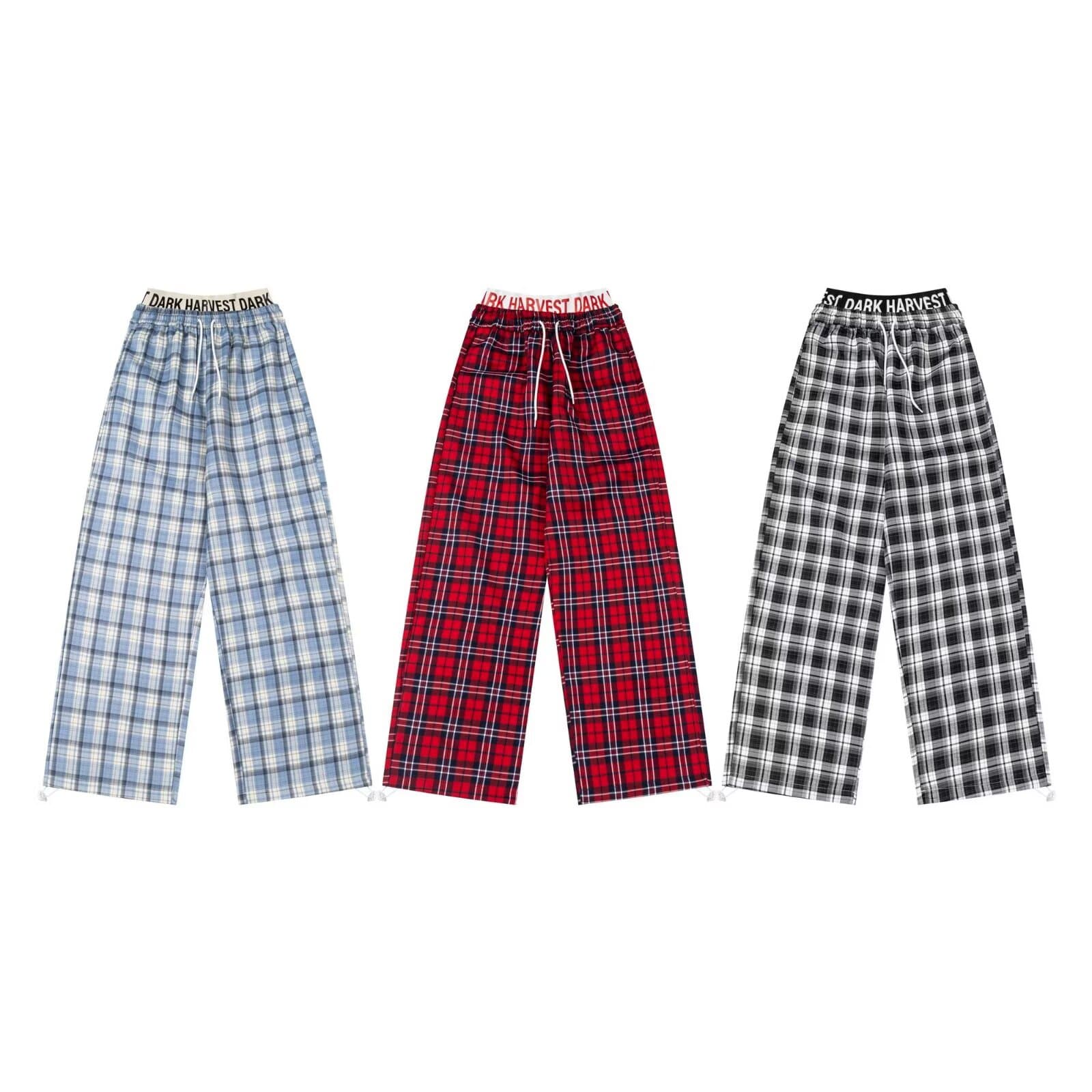 빨간색 체크무늬 펌프 로프 와이드 레깅스 바지 봄 여름 캐주얼 바지 아메리칸 느긋한 루즈핏 슬림해 보이는 하이웨이스트 스트레이트 긴 바지 상세 이미지 3