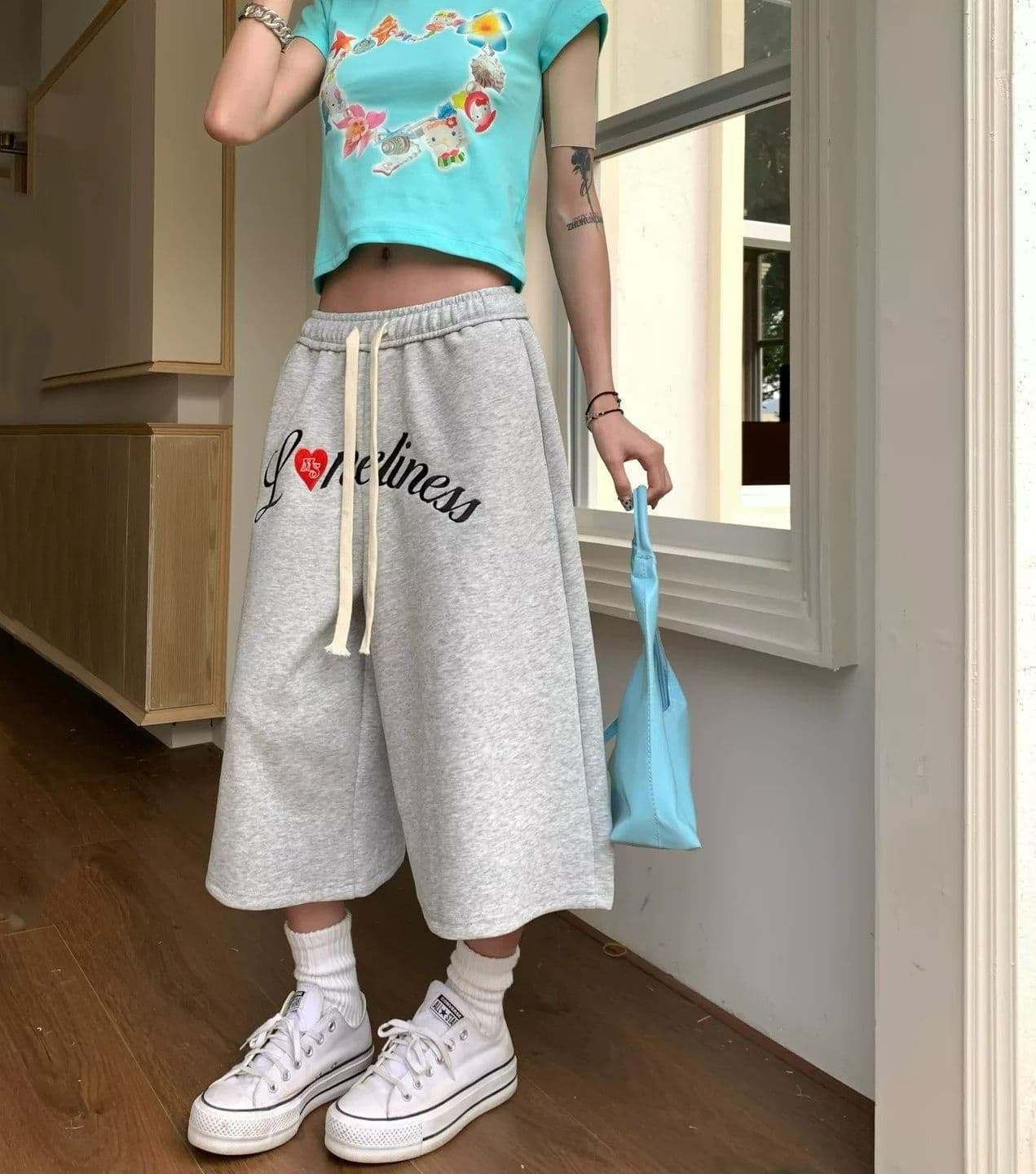 원본 워터 마크 자수 레트로 알파벳 자수 펌프 로프 카모플라주 7부 바지 남녀 루즈핏 넓은 다리 스트레이트 반바지 이미지 4
