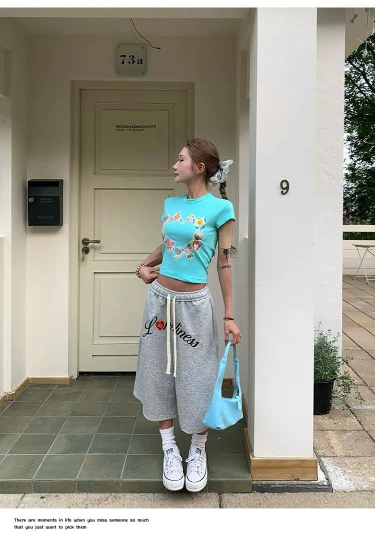 원본 워터 마크 자수 레트로 알파벳 자수 펌프 로프 카모플라주 7부 바지 남녀 루즈핏 넓은 다리 스트레이트 반바지 상세 이미지 3