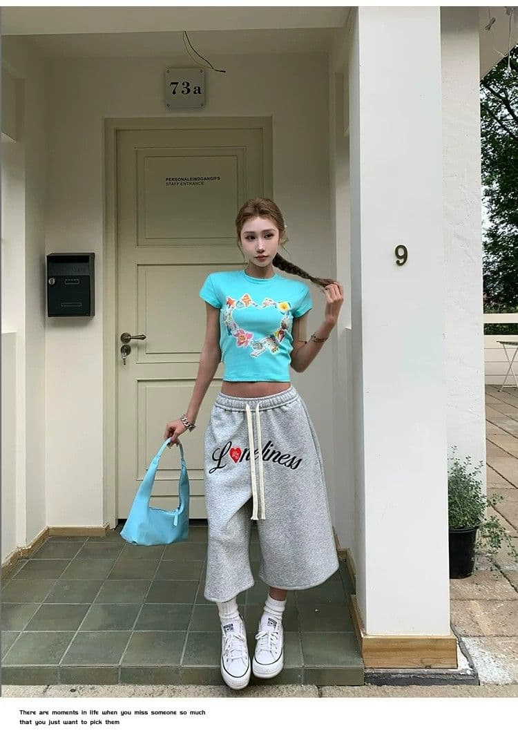원본 워터 마크 자수 레트로 알파벳 자수 펌프 로프 카모플라주 7부 바지 남녀 루즈핏 넓은 다리 스트레이트 반바지 상세 이미지 4