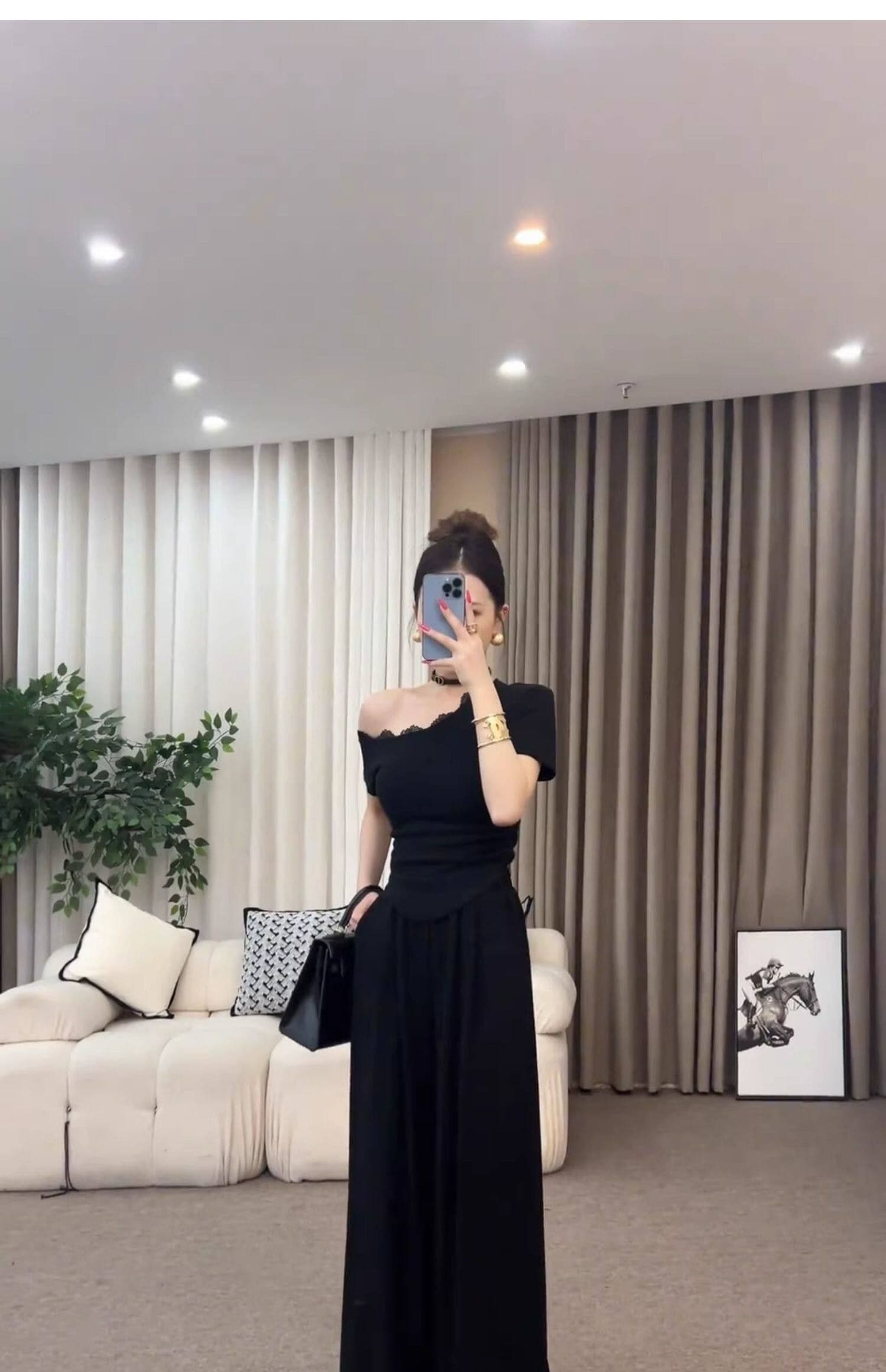 순면 한 부서 캐주얼 세트 여름 패션 연령 감소 몸매 가꾸기 슬림해 보이는 오프숄더 반팔 와이드 레그 팬츠 투피스 세트 이미지 2