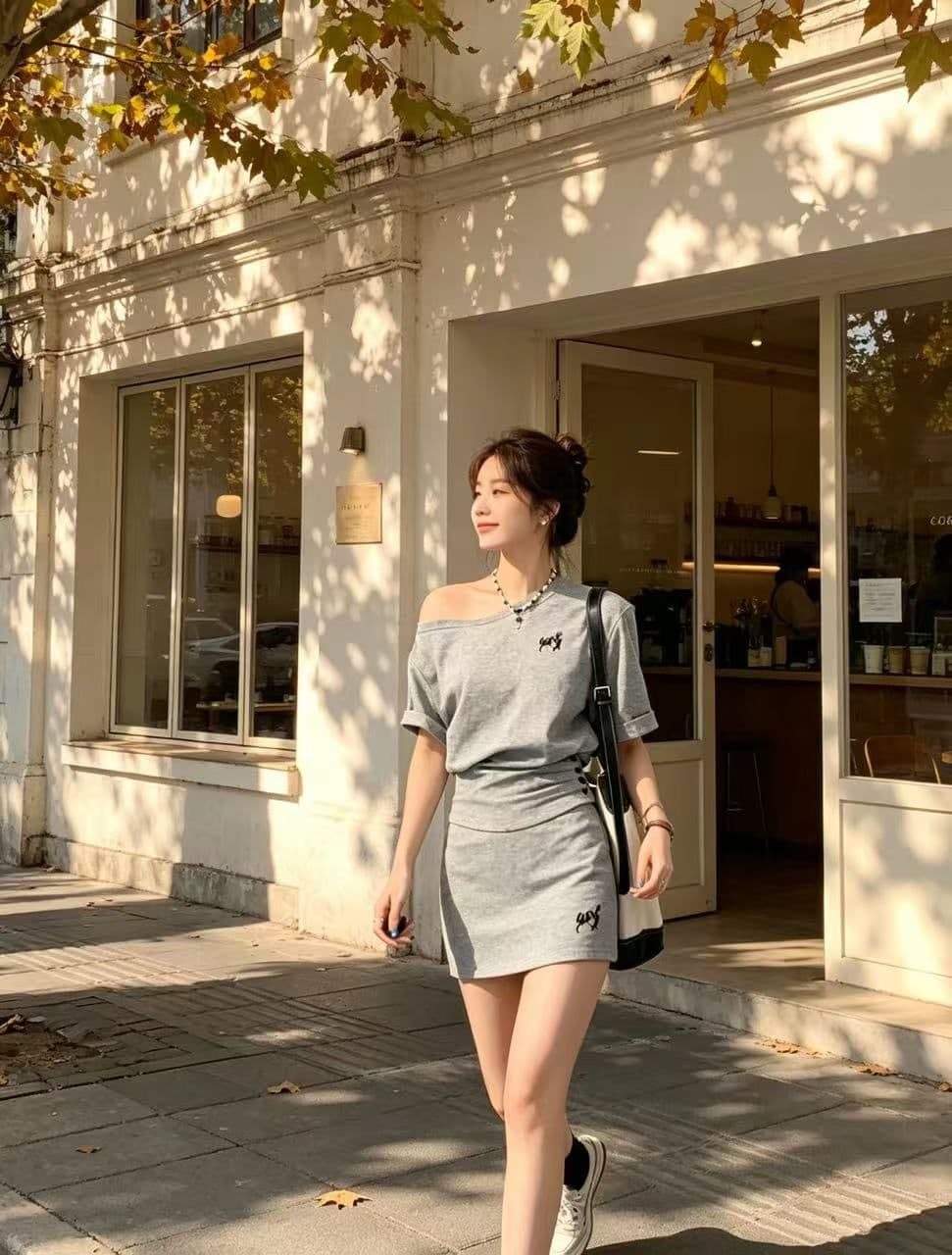 핫걸 바람 회색 오프숄더 맨위 경기 타이트 스커트 미니 스커트 세트 슬림해 보이는 디스플레이 높음 소녀 센스 초여름 캐주얼 일상 상세 이미지 5