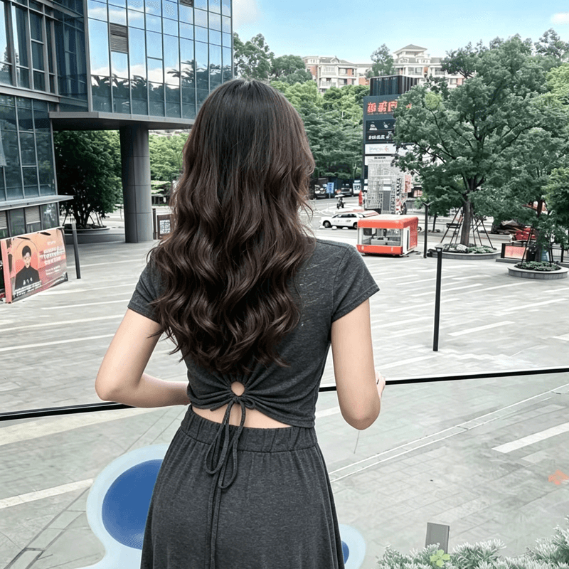 한 부서 느긋한 바람 캐주얼 세트 드레스 여성 여름 코디 전체 집합 벨트 반팔 티셔츠 맨위 반신 스커트 투피스 세트 상세 이미지 4