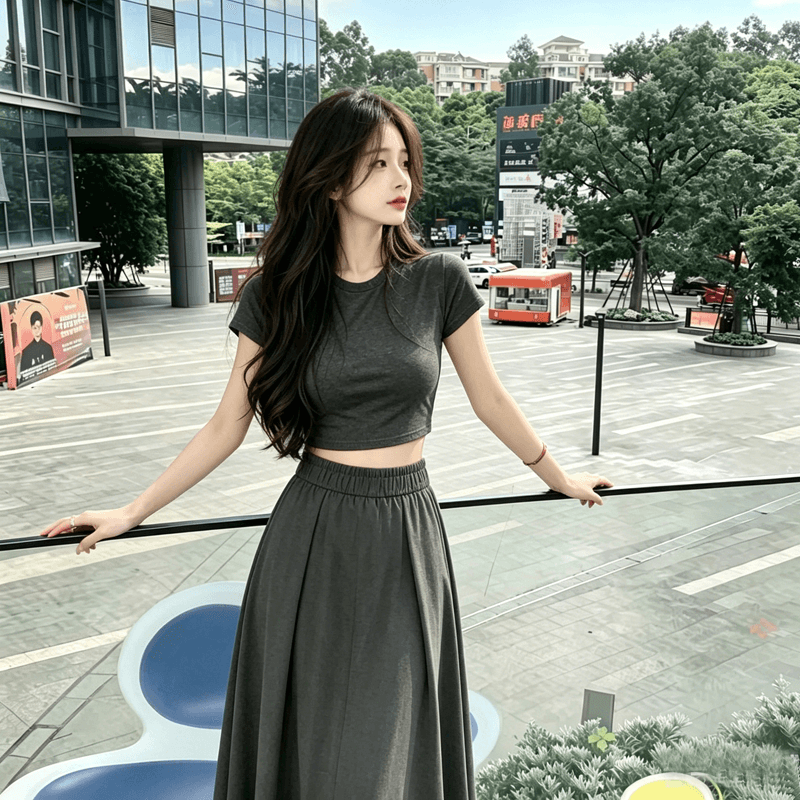 한 부서 느긋한 바람 캐주얼 세트 드레스 여성 여름 코디 전체 집합 벨트 반팔 티셔츠 맨위 반신 스커트 투피스 세트 상세 이미지 5