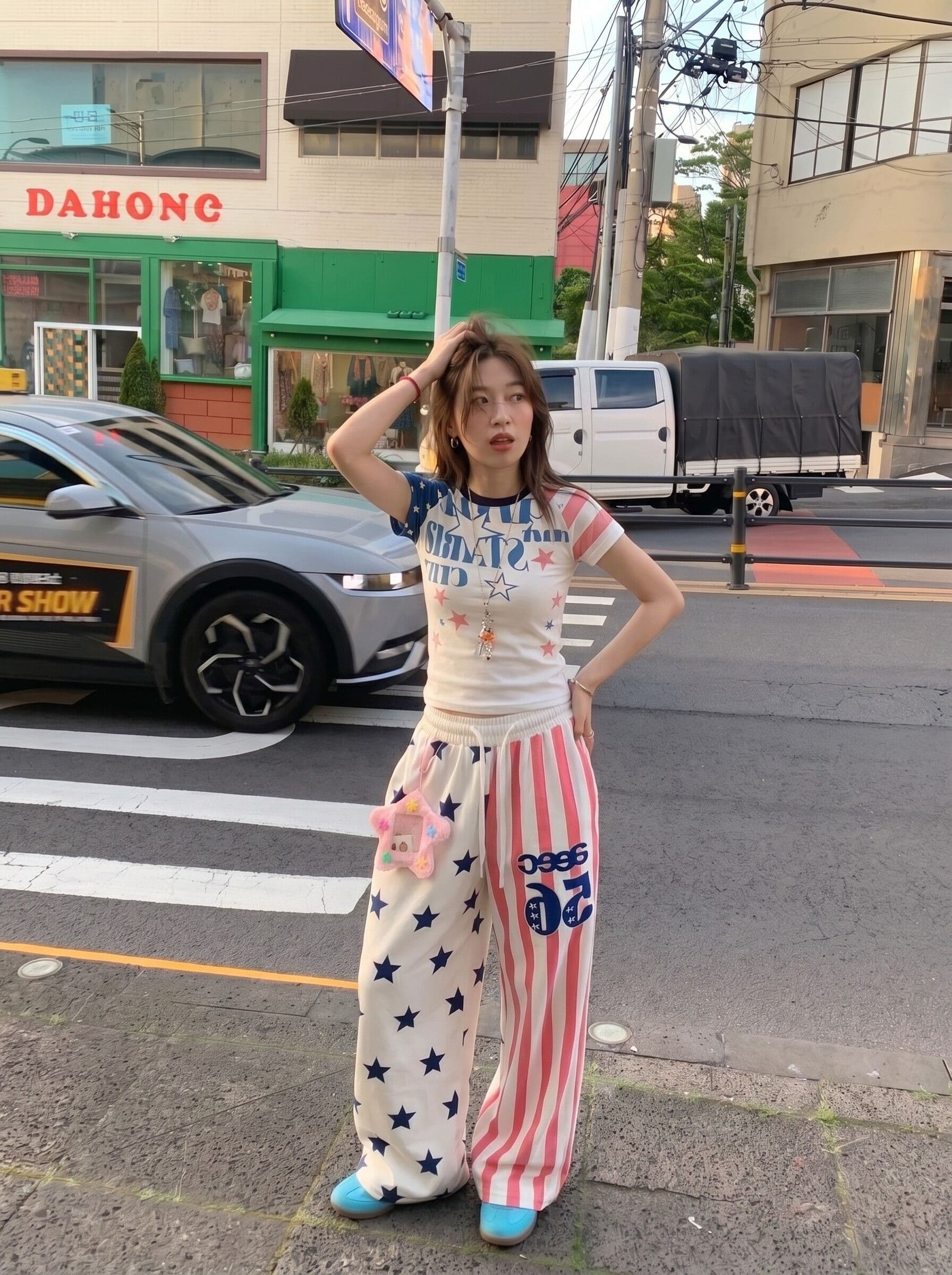 벨트 장식품 아메리칸 높음 거리 별 전체 인쇄 배색 스트라이프 와이드 레깅스 바지 여름 캐주얼 스트리트 댄스 바지