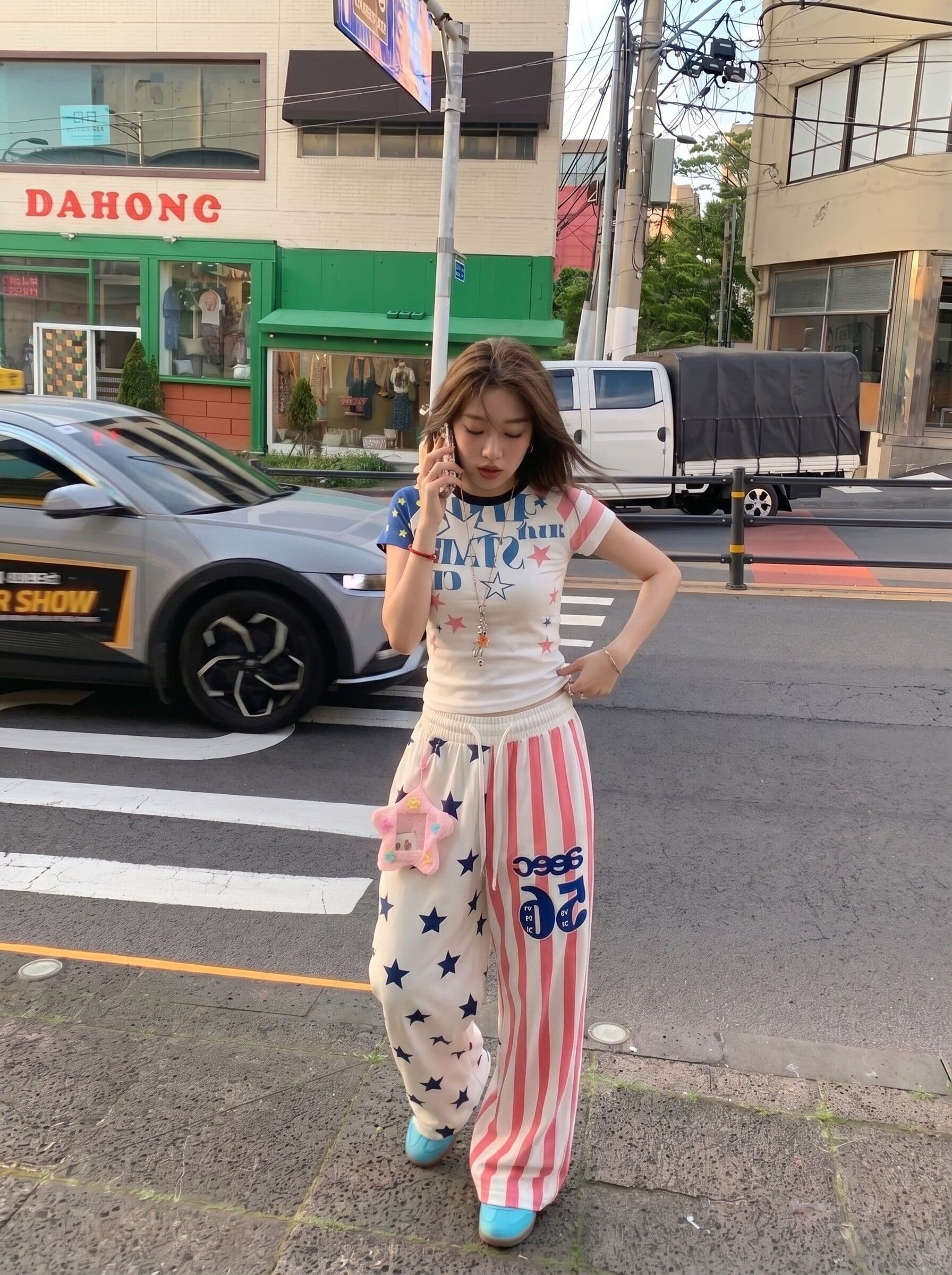 벨트 장식품 아메리칸 높음 거리 별 전체 인쇄 배색 스트라이프 와이드 레깅스 바지 여름 캐주얼 스트리트 댄스 바지 이미지 3