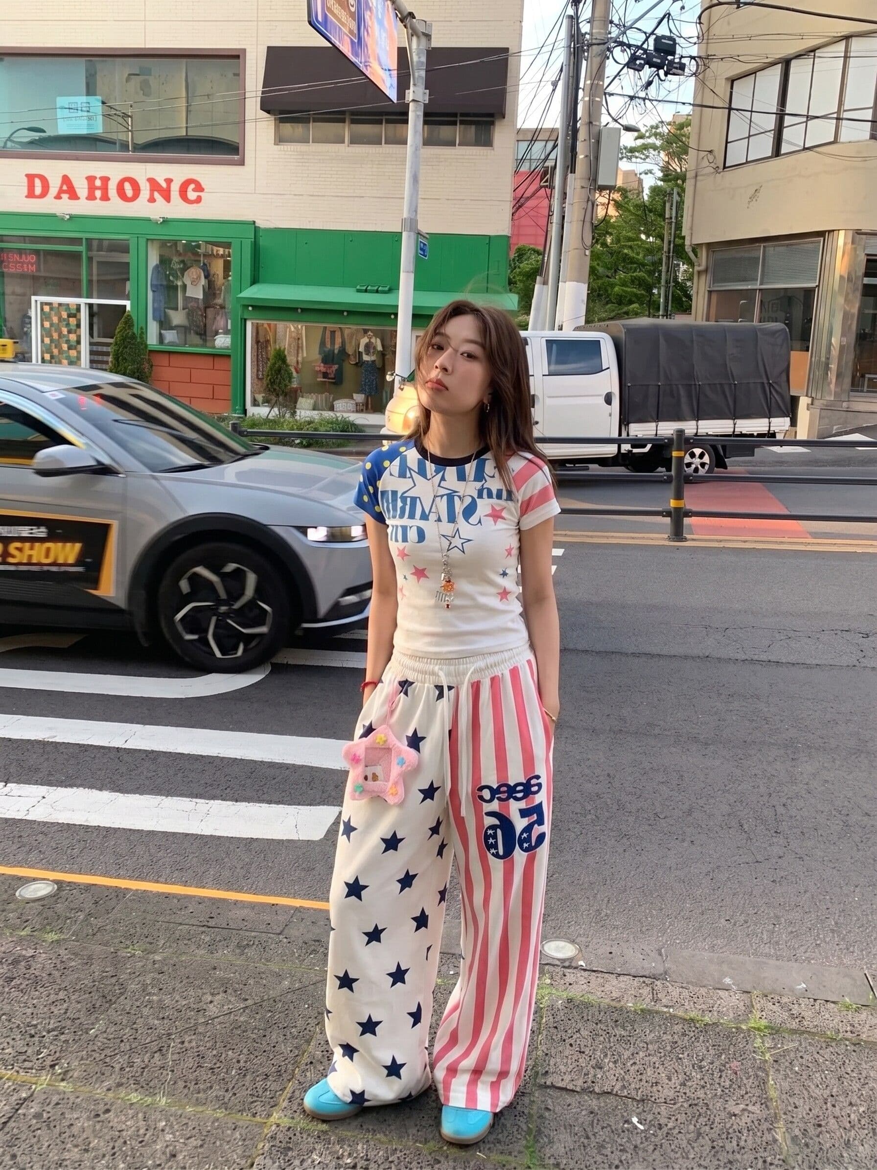 벨트 장식품 아메리칸 높음 거리 별 전체 인쇄 배색 스트라이프 와이드 레깅스 바지 여름 캐주얼 스트리트 댄스 바지 상세 이미지 2