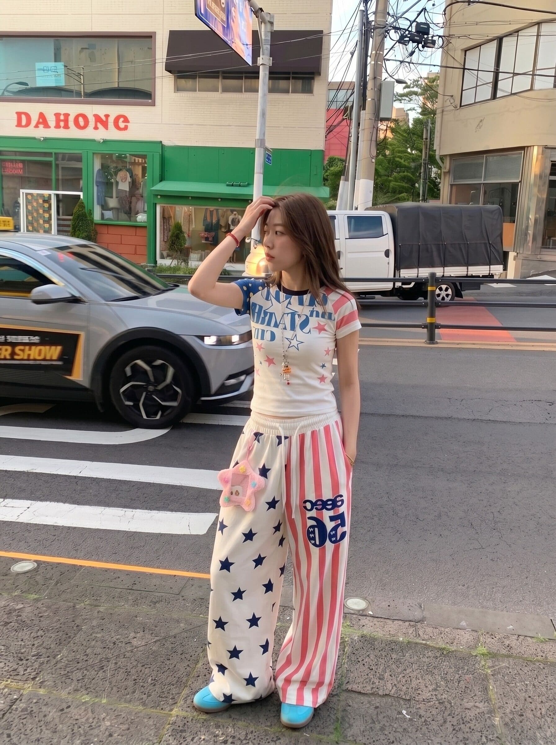 벨트 장식품 아메리칸 높음 거리 별 전체 인쇄 배색 스트라이프 와이드 레깅스 바지 여름 캐주얼 스트리트 댄스 바지 상세 이미지 4