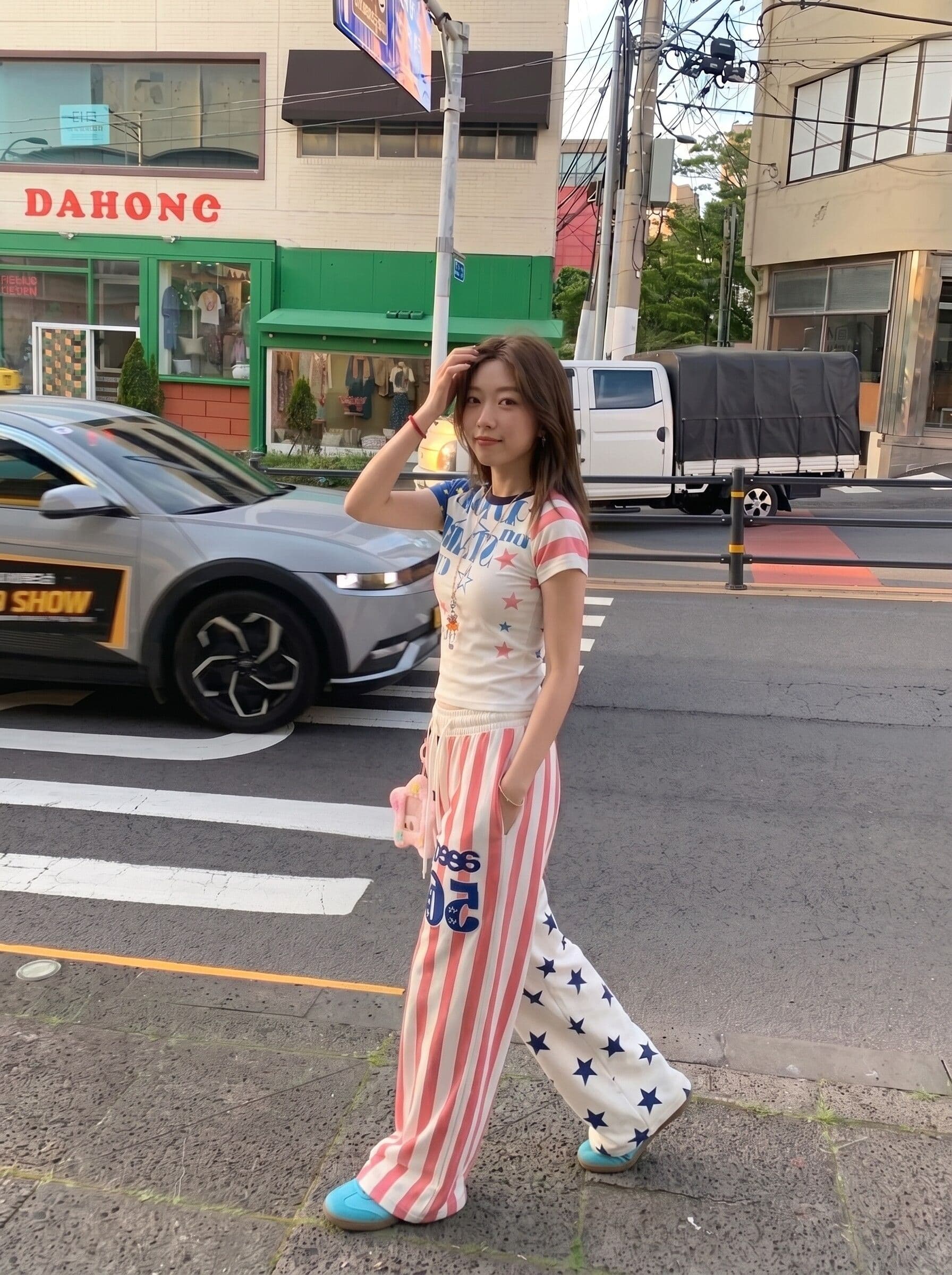 벨트 장식품 아메리칸 높음 거리 별 전체 인쇄 배색 스트라이프 와이드 레깅스 바지 여름 캐주얼 스트리트 댄스 바지 상세 이미지 5