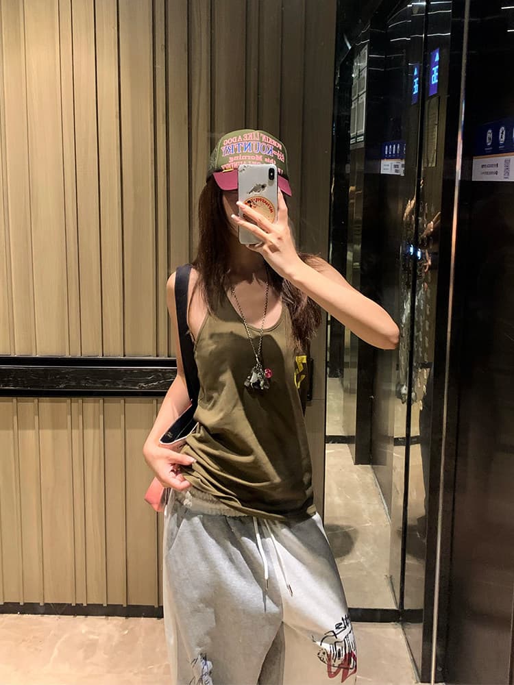 여름 새로운 아메리칸 캐주얼 바람 알파벳 프린트 와이드 레깅스 바지 회색 루즈핏 펌프 로프 바닥 청소 웨이 바지 트렌드 이미지 2