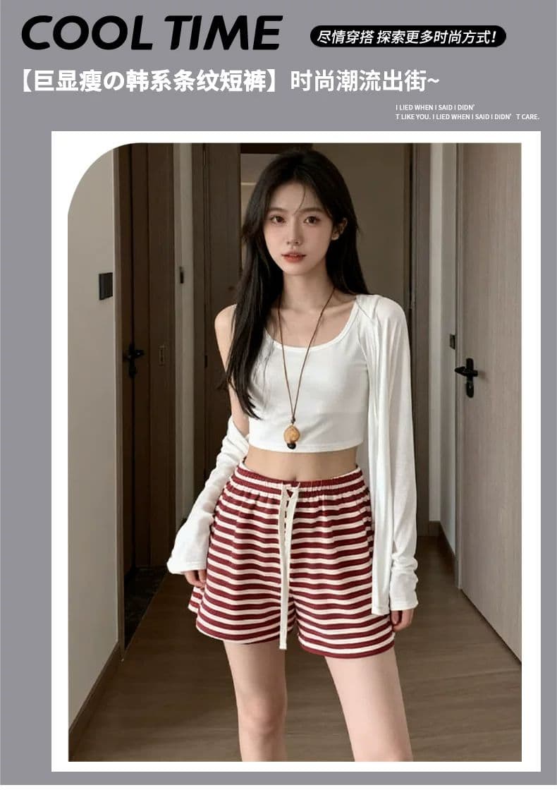 원본 품질 하이웨이스트 후아 남편 그리드 스트라이프 반바지 여성 여름 느슨함 센스 루즈핏 다용도 슬림해 보이는 와이드 레그 팬츠 상세 이미지 1