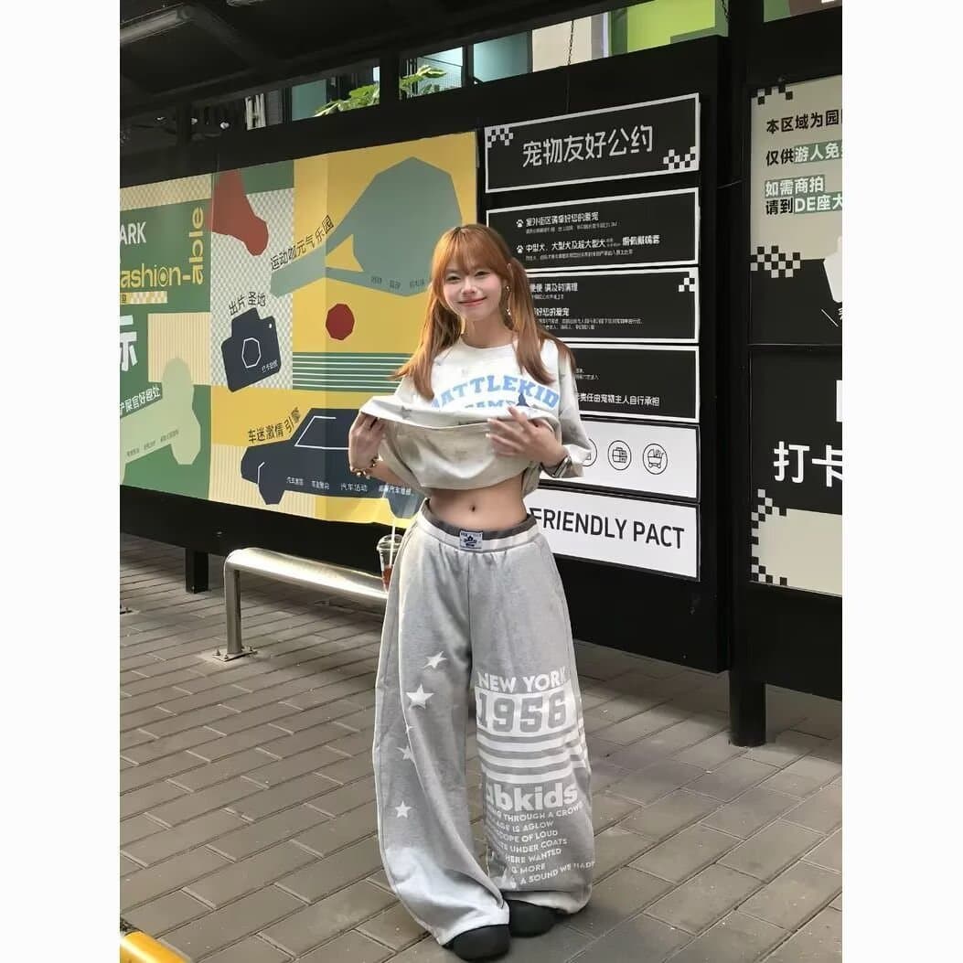 2026 아메리칸 레트로 마 오래된 알파벳 프린트 스트레이트 캐주얼 바지 남녀 루즈핏 넓은 다리 도루 센스 느긋한 긴 바지 이미지 5