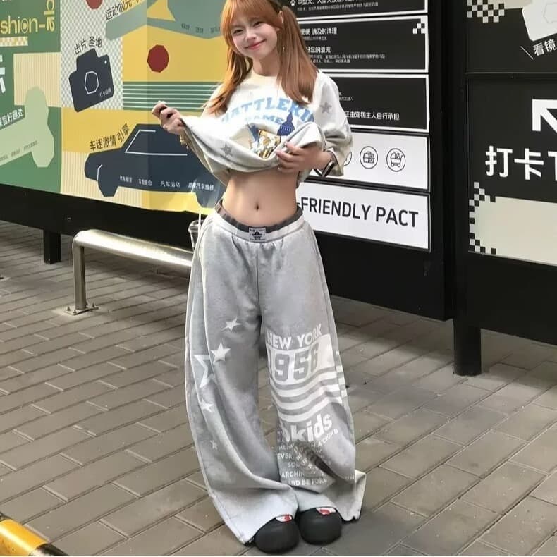 2026 아메리칸 레트로 마 오래된 알파벳 프린트 스트레이트 캐주얼 바지 남녀 루즈핏 넓은 다리 도루 센스 느긋한 긴 바지 상세 이미지 3