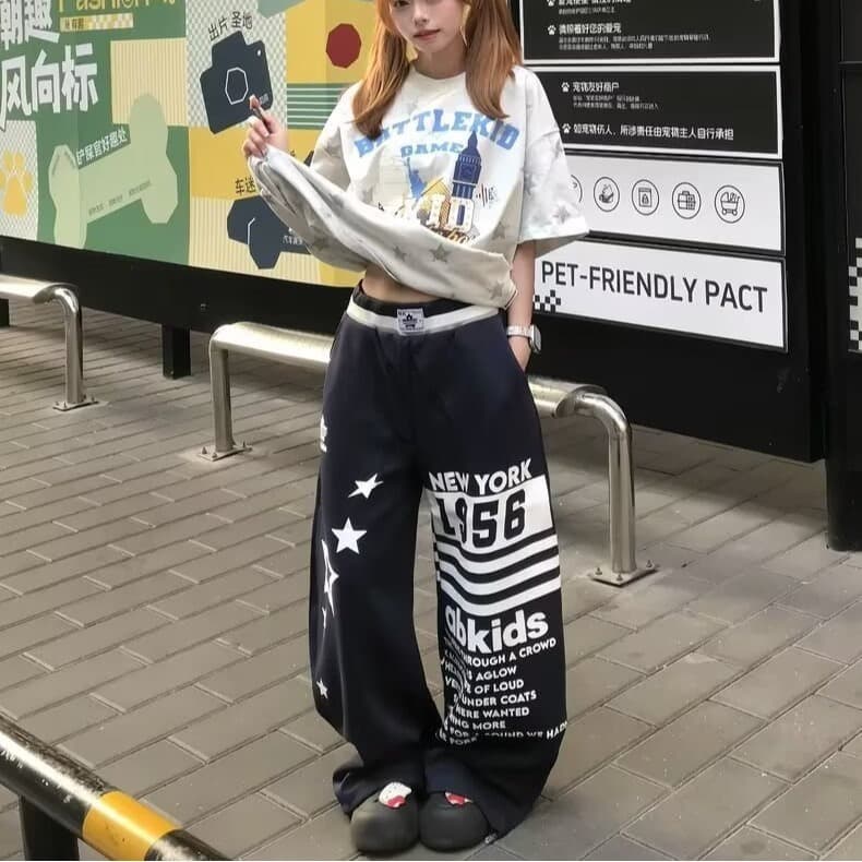 2026 아메리칸 레트로 마 오래된 알파벳 프린트 스트레이트 캐주얼 바지 남녀 루즈핏 넓은 다리 도루 센스 느긋한 긴 바지 상세 이미지 5