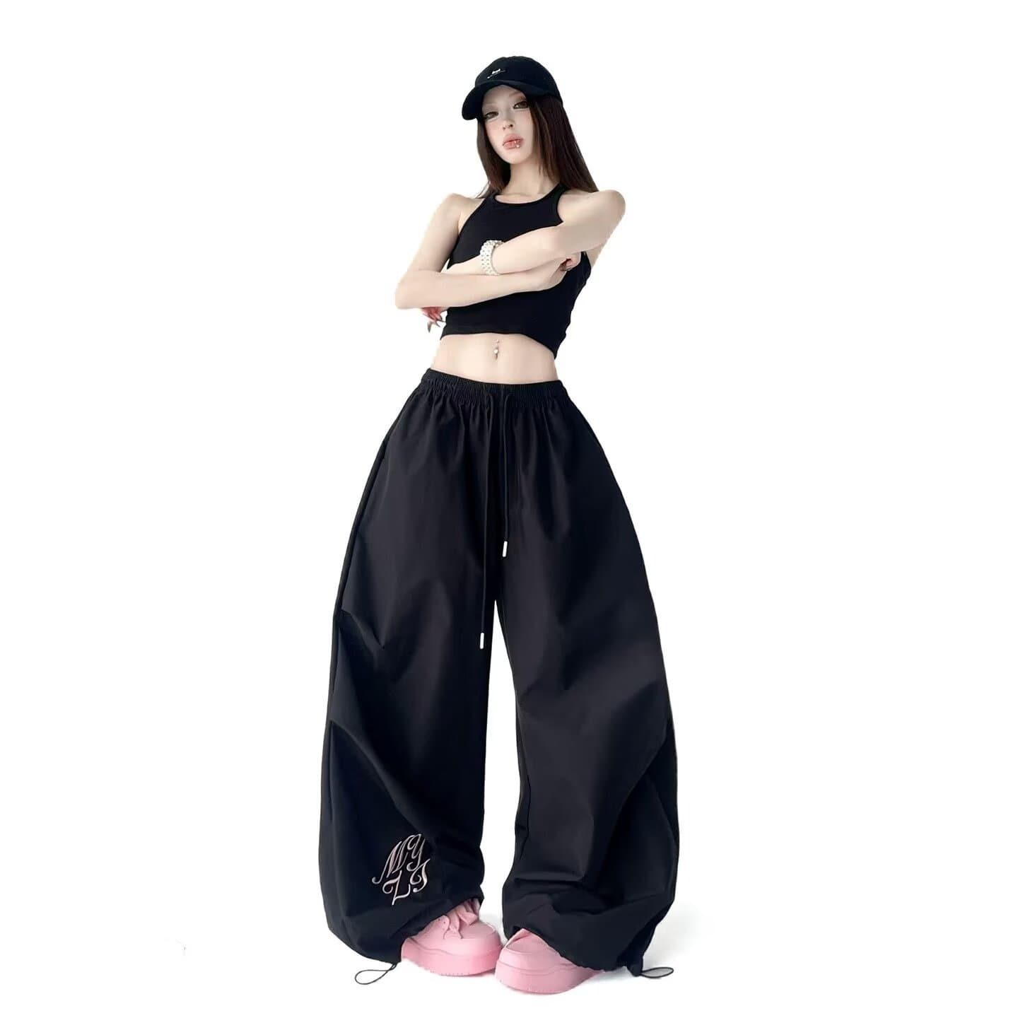 아메리칸 핫걸 도파민 색상 자수 워크웨어 팬츠 얇은 스타일 속도 건조한 스트리트 댄스 루즈핏 넓은 다리 낙하산 병 바지 트렌디 상세 이미지 4