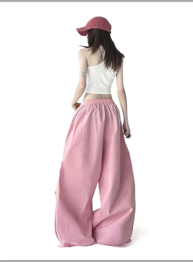 아메리칸 핫걸 도파민 색상 자수 워크웨어 팬츠 얇은 스타일 속도 건조한 스트리트 댄스 루즈핏 넓은 다리 낙하산 병 바지 트렌디 상세 이미지 10
