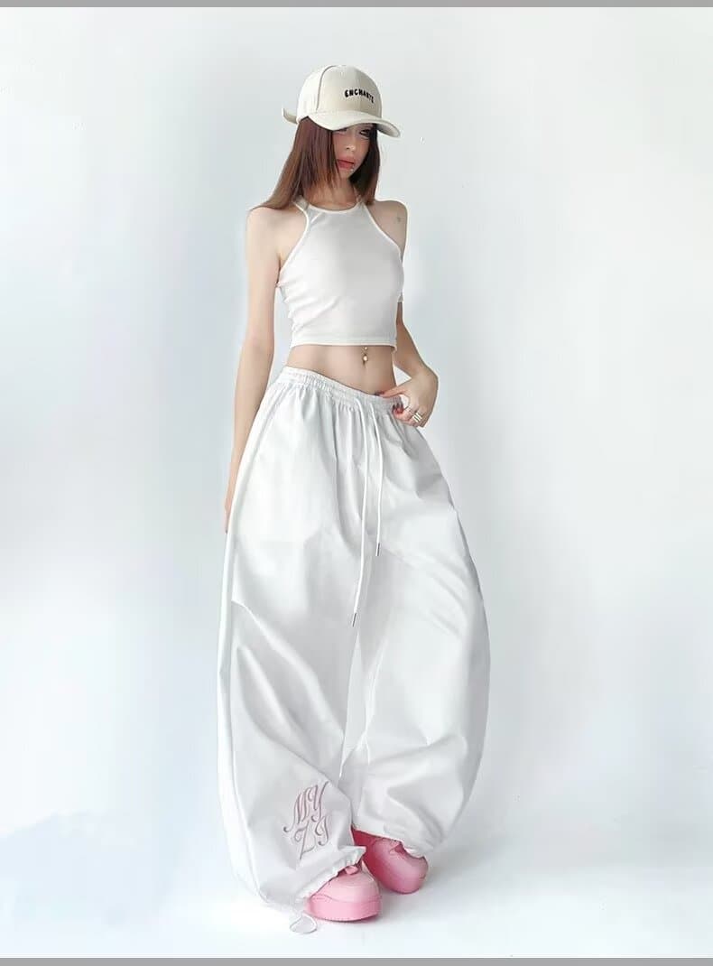아메리칸 핫걸 도파민 색상 자수 워크웨어 팬츠 얇은 스타일 속도 건조한 스트리트 댄스 루즈핏 넓은 다리 낙하산 병 바지 트렌디 상세 이미지 21