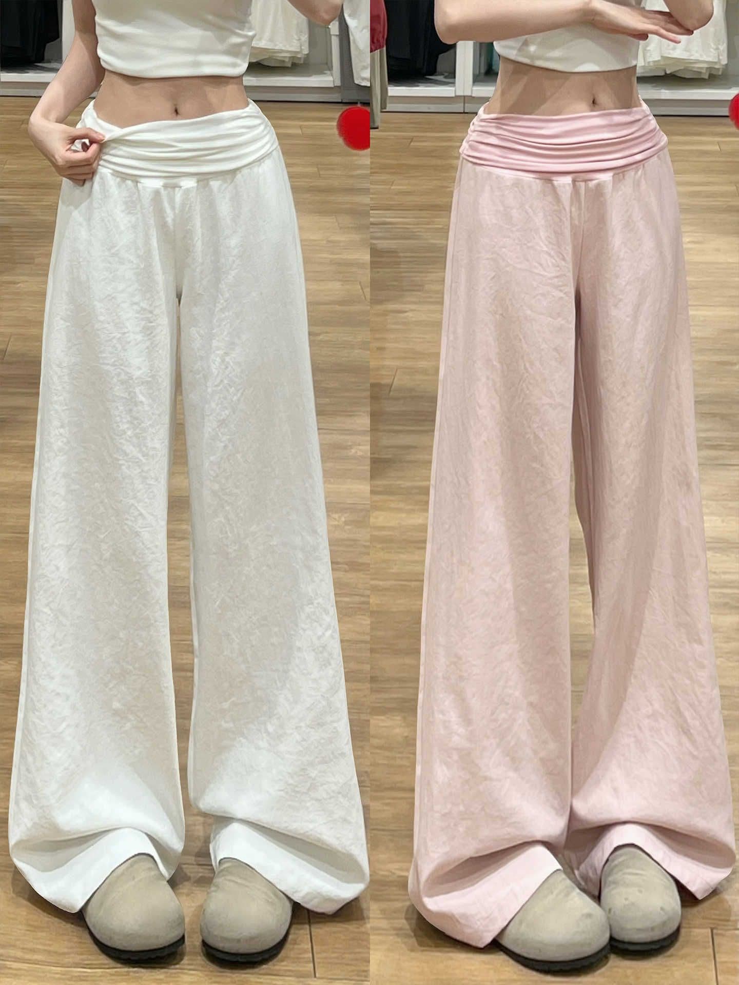 빛 핑크색 뒤집다 허리 와이드 레깅스 바지 여름 2026 새로운 작은 키 착용 가져 가라. 얼음 실크 루즈핏 도루 센스 느긋한 캐주얼 바지 이미지 3