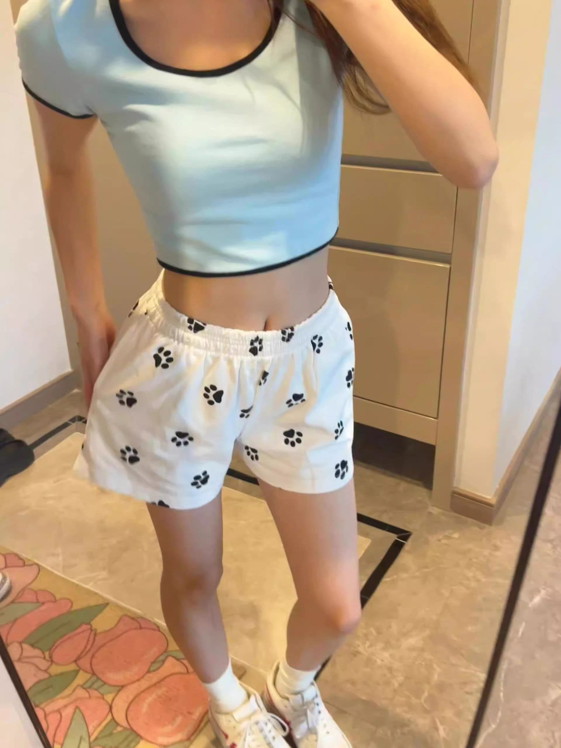 아메리칸 개 발 프린트 운동 반바지 여성 여름 얇은 스타일 루즈핏 캐주얼 외출용 한 마디 3 점 넓은 다리 뜨거운 바지 상세 이미지 4