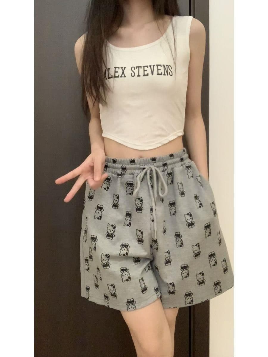 아메리칸 레트로 펌프 로프 하이웨이스트 귀여운 kt 고양이 반바지 여성 여름 캐주얼 루즈핏 와이드 레그 팬츠 외출용 운동 핫 바지