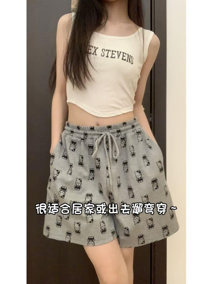 아메리칸 레트로 펌프 로프 하이웨이스트 귀여운 kt 고양이 반바지 여성 여름 캐주얼 루즈핏 와이드 레그 팬츠 외출용 운동 핫 바지 상세 이미지 5