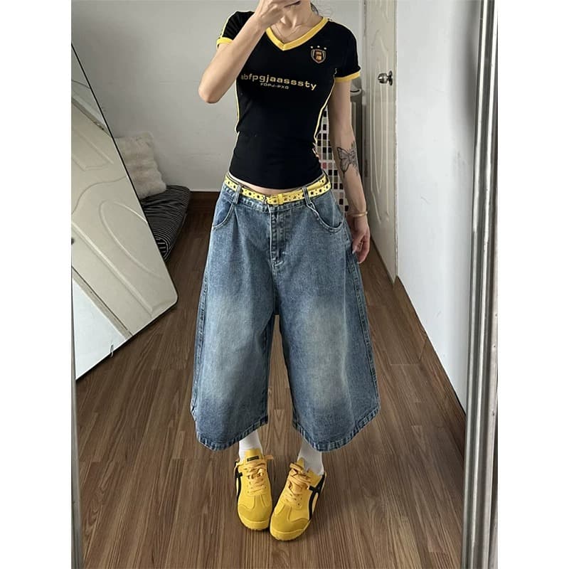 아메리칸 레트로 별 자수 워싱 데님 7부 바지 여성 여름 루즈핏 캐주얼 다용도 넓은 다리가 짧다. 바지 트렌디 이미지 2