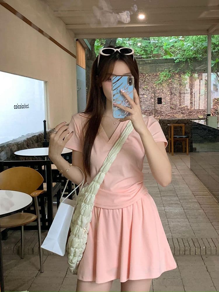 있음 안감 한국 스타일 세트 여성 새로운 여름 POLO 칼라 주름 긍정적 인 어깨 의류 미니 스커트 투피스 세트 상세 이미지 1