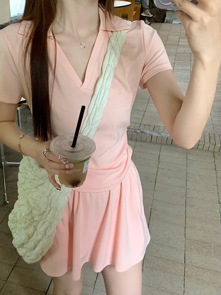 있음 안감 한국 스타일 세트 여성 새로운 여름 POLO 칼라 주름 긍정적 인 어깨 의류 미니 스커트 투피스 세트 상세 이미지 7