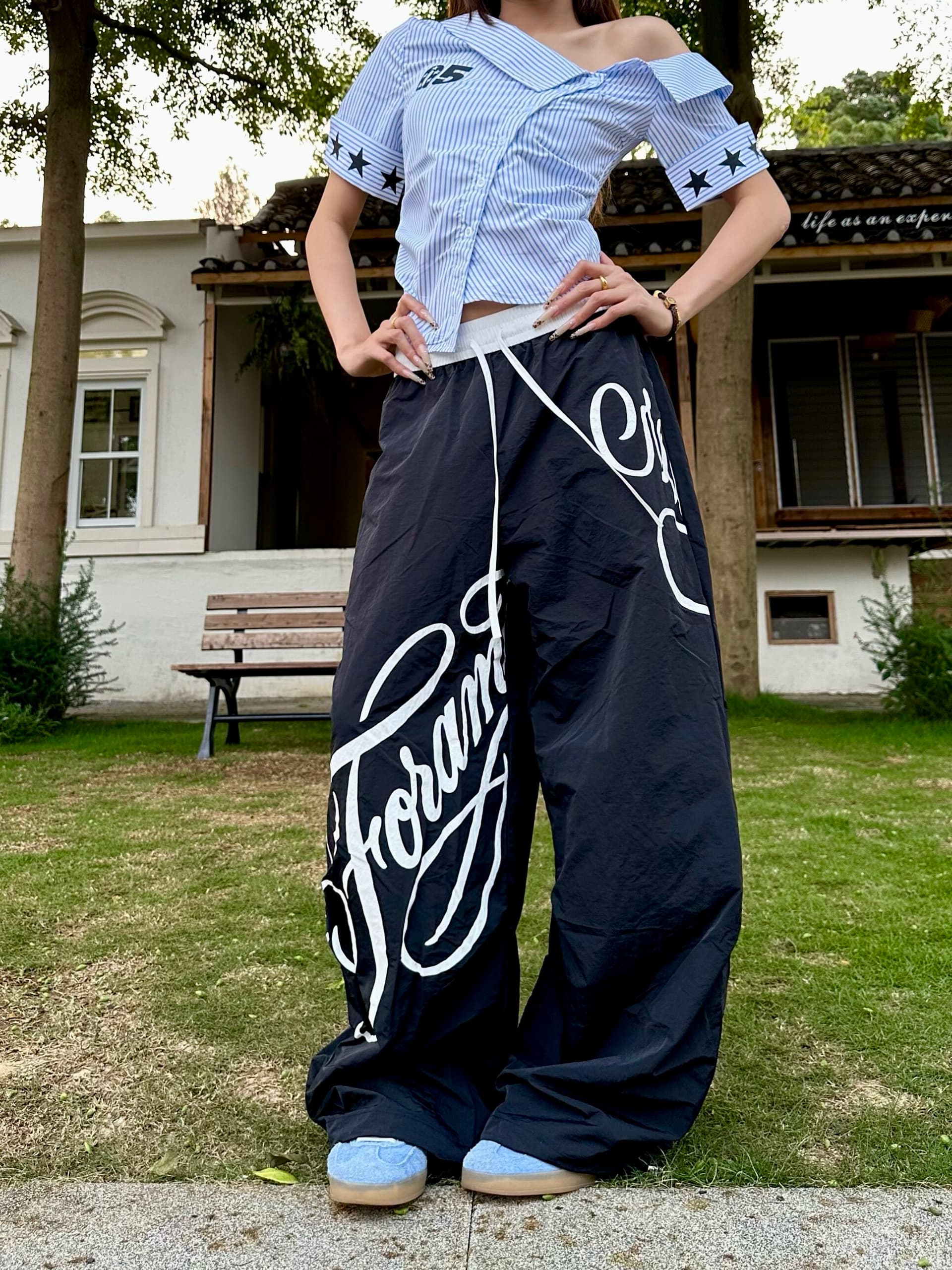 아메리칸 레트로 높음 거리 프린트 와이드 레깅스 바지 루즈핏 낙하산 병 바지 재즈 댄스 캐주얼 바지 모통이 칼 긴 바지 트렌드 상세 이미지 12