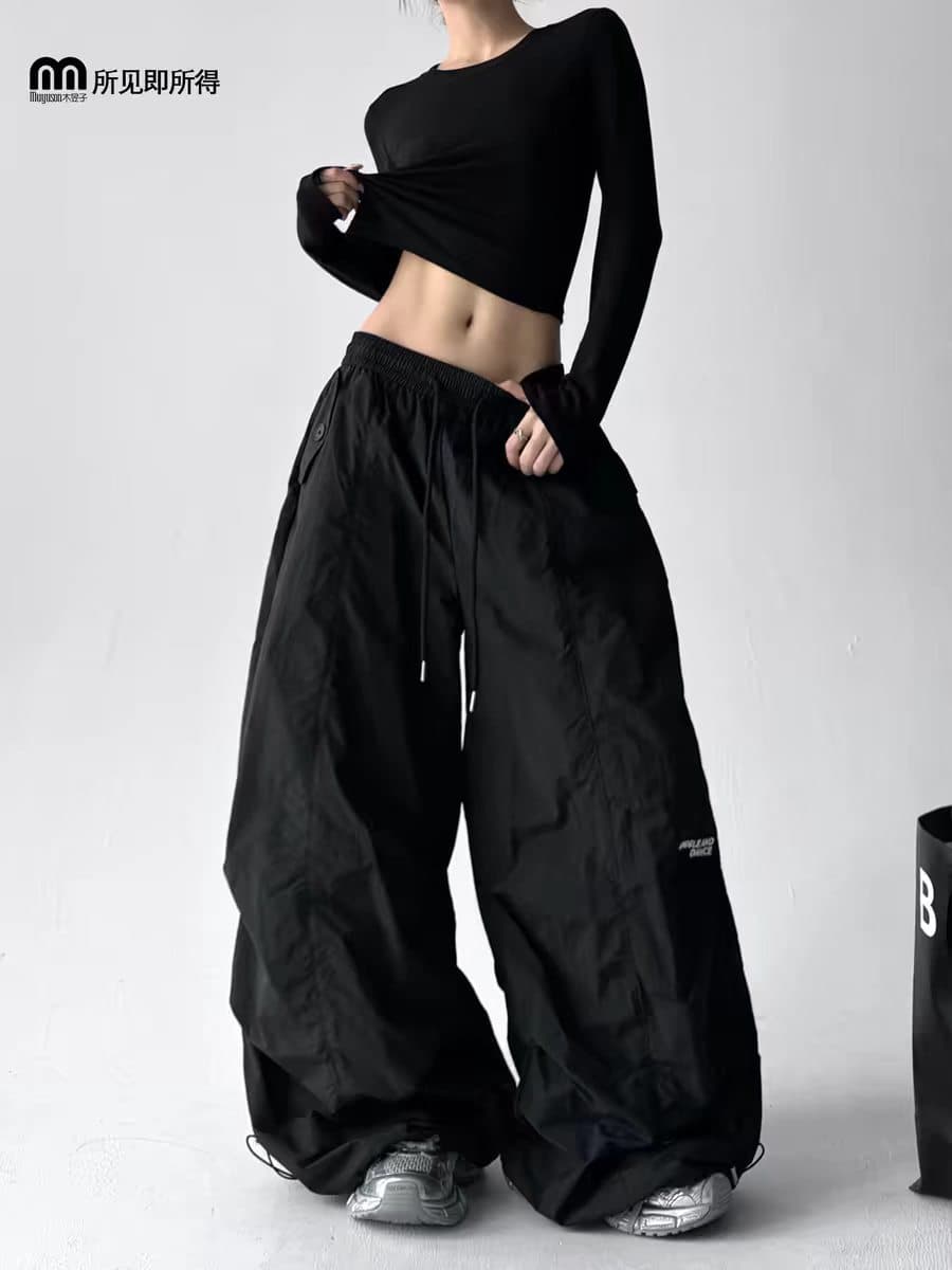 자수 원본 주머니 워크웨어 팬츠 여성 봄 2026 년 새로운 펌프 로프 와이드 레깅스 바지 루즈핏 슬림해 보이는 이미지 4