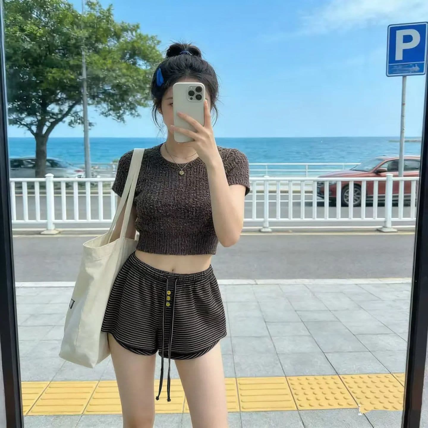 여름 2026 새로운 느긋한 펌프 로프 허리밴드 다용도 스트라이프 캐주얼 핫걸 반바지 여성 슬림해 보이는 운동 바람 바지 상세 이미지 3