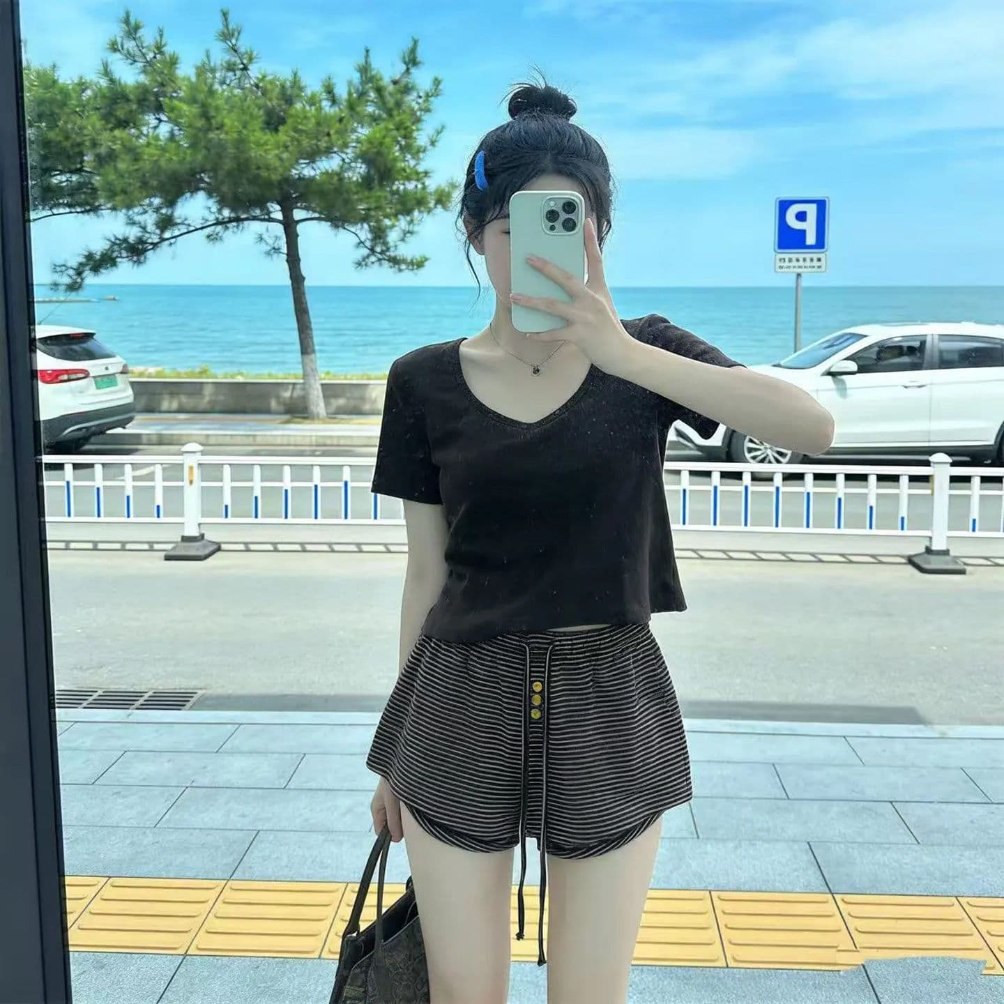 여름 2026 새로운 느긋한 펌프 로프 허리밴드 다용도 스트라이프 캐주얼 핫걸 반바지 여성 슬림해 보이는 운동 바람 바지 상세 이미지 6