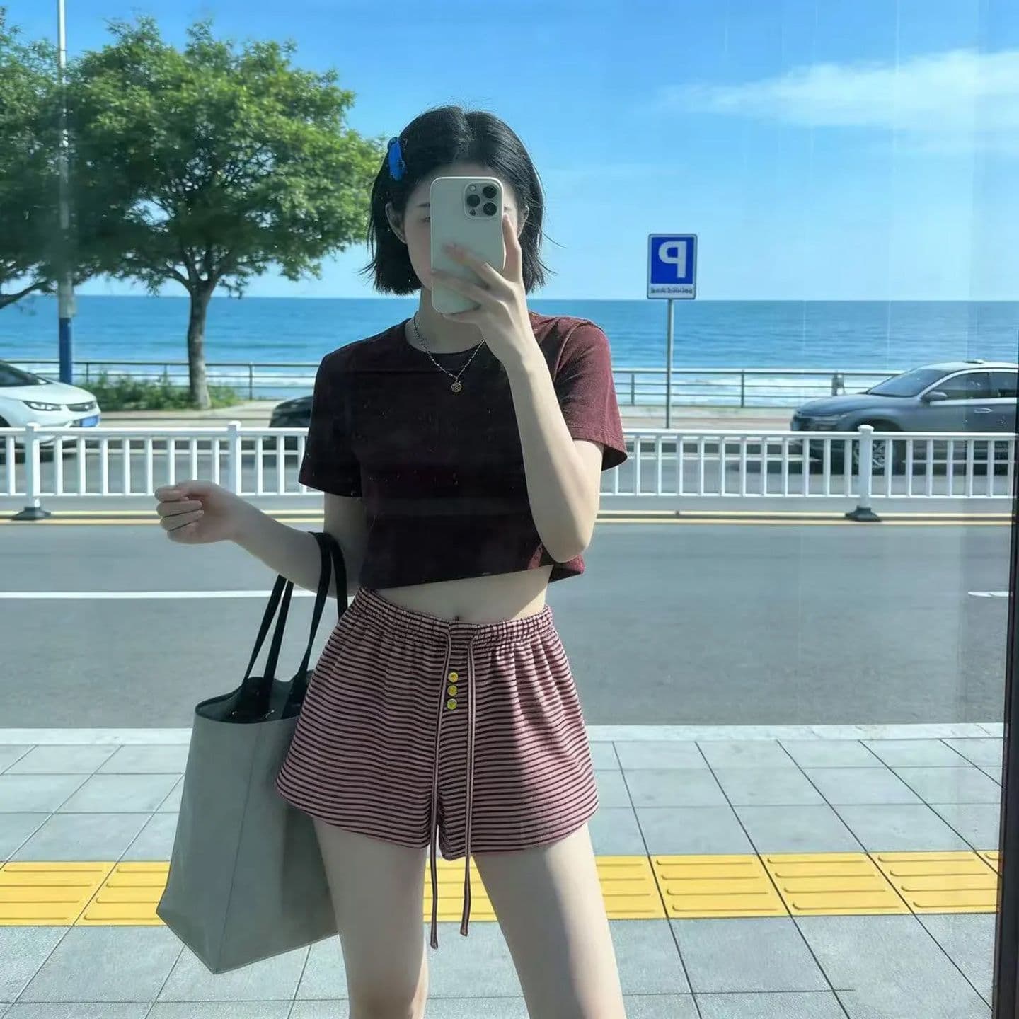 여름 2026 새로운 느긋한 펌프 로프 허리밴드 다용도 스트라이프 캐주얼 핫걸 반바지 여성 슬림해 보이는 운동 바람 바지 상세 이미지 7