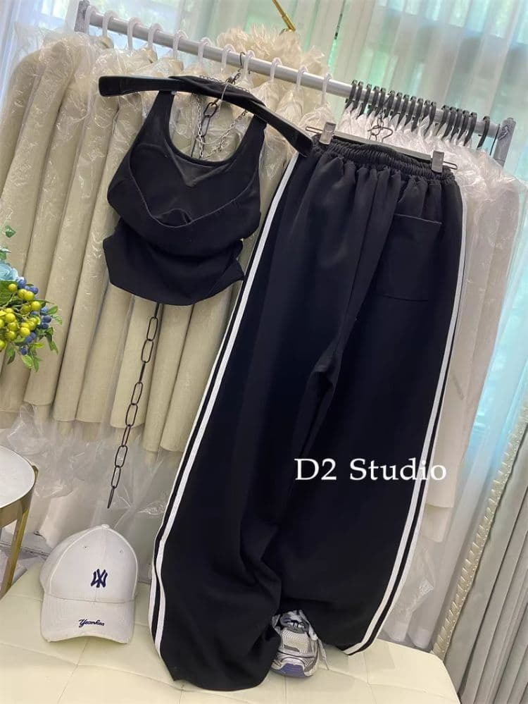 한국 동대문 알파벳 프린트 조끼 맨위 루즈핏 캐주얼 하이웨이스트 측면 싸움 기사 와이드 레그 팬츠 긴 바지 세트 상세 이미지 37