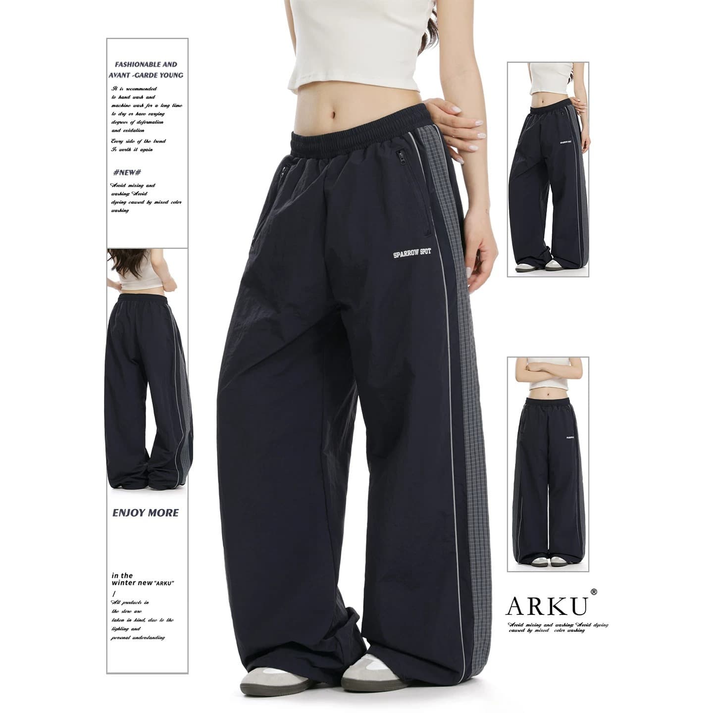 아메리칸 거리 측면 스트라이프 낙하산 병 운동 바지 여성 루즈핏 펌프 로프 다용도 넓은 다리 스트레이트 캐주얼 바지 상세 이미지 4