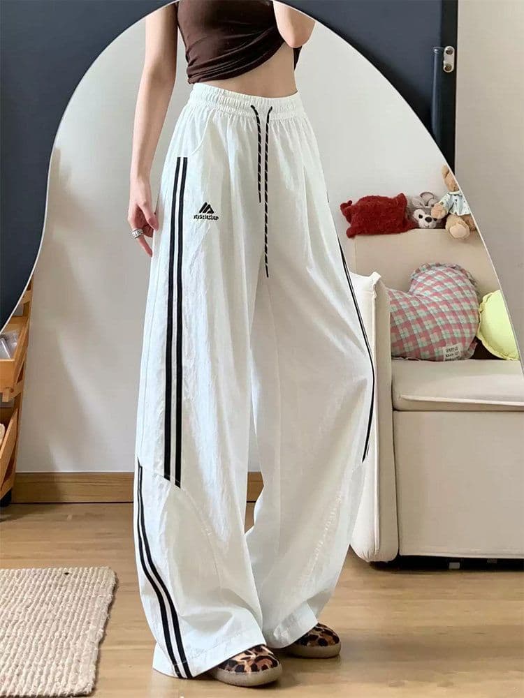 아메리칸 자수 스트라이프 속도 건조한 워크웨어 팬츠 여성 여름 새로운 루즈핏 슬림해 보이는 자외선 차단 얇은 스타일 스트레이트 운동 긴 바지
