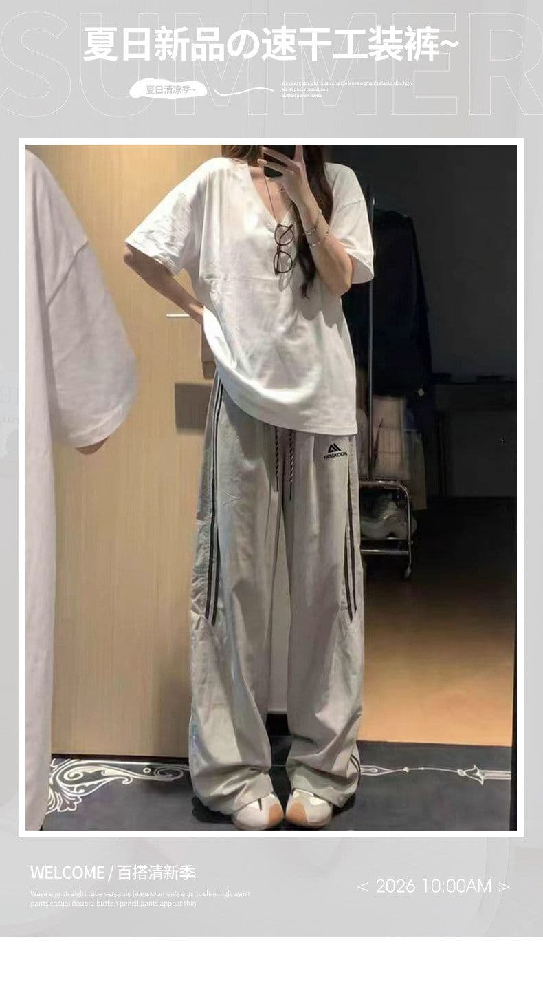 아메리칸 자수 스트라이프 속도 건조한 워크웨어 팬츠 여성 여름 새로운 루즈핏 슬림해 보이는 자외선 차단 얇은 스타일 스트레이트 운동 긴 바지 상세 이미지 2