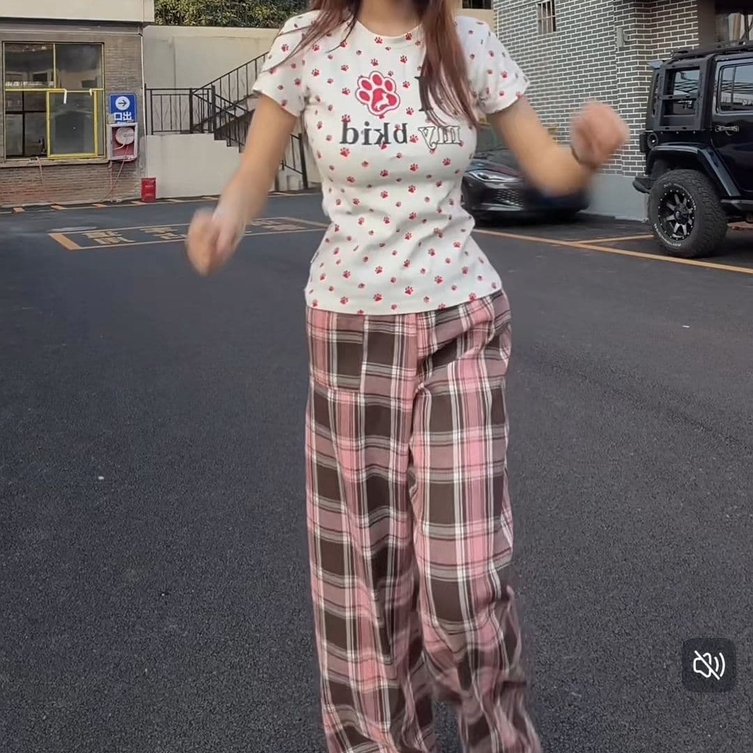 빅 사이즈 아메리칸 레트로 허리 머리 패치워크 핑크색 체크무늬 바지 남녀 새로운 체크무늬 루즈핏 슬림해 보이는 스트레이트 롱 바지 이미지 2