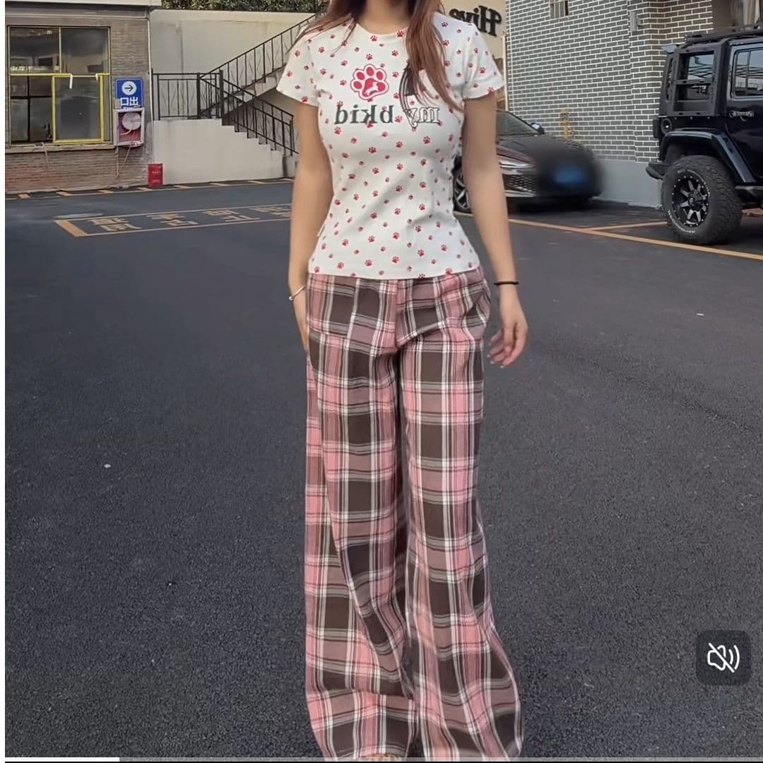 빅 사이즈 아메리칸 레트로 허리 머리 패치워크 핑크색 체크무늬 바지 남녀 새로운 체크무늬 루즈핏 슬림해 보이는 스트레이트 롱 바지 이미지 3