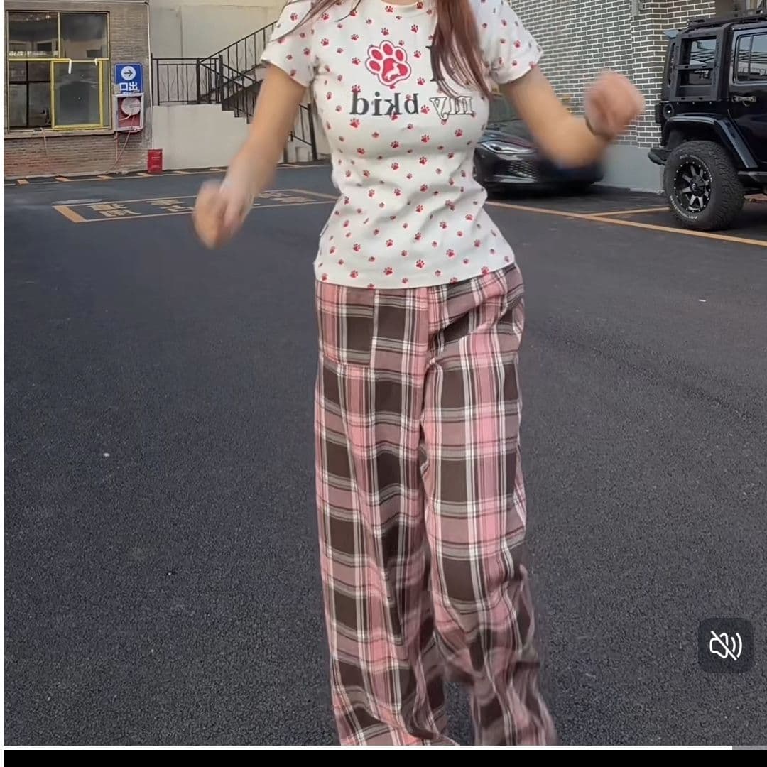 빅 사이즈 아메리칸 레트로 허리 머리 패치워크 핑크색 체크무늬 바지 남녀 새로운 체크무늬 루즈핏 슬림해 보이는 스트레이트 롱 바지 이미지 4