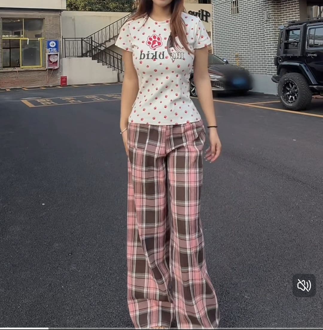 빅 사이즈 아메리칸 레트로 허리 머리 패치워크 핑크색 체크무늬 바지 남녀 새로운 체크무늬 루즈핏 슬림해 보이는 스트레이트 롱 바지 상세 이미지 2