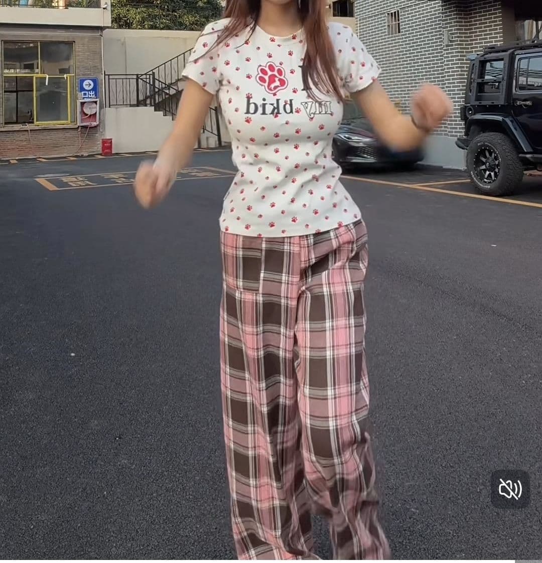 빅 사이즈 아메리칸 레트로 허리 머리 패치워크 핑크색 체크무늬 바지 남녀 새로운 체크무늬 루즈핏 슬림해 보이는 스트레이트 롱 바지 상세 이미지 3