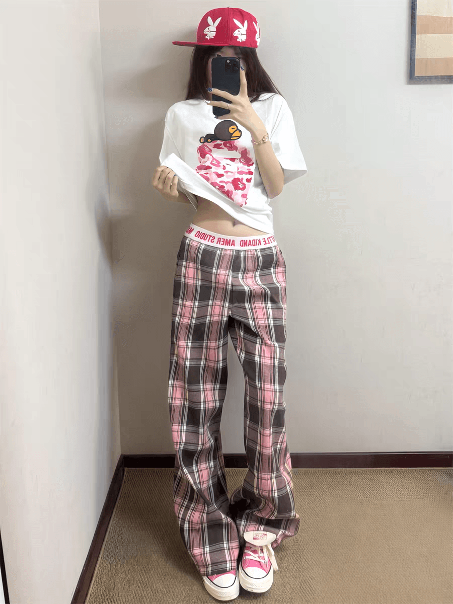 빅 사이즈 아메리칸 레트로 허리 머리 패치워크 핑크색 체크무늬 바지 남녀 새로운 체크무늬 루즈핏 슬림해 보이는 스트레이트 롱 바지 상세 이미지 6