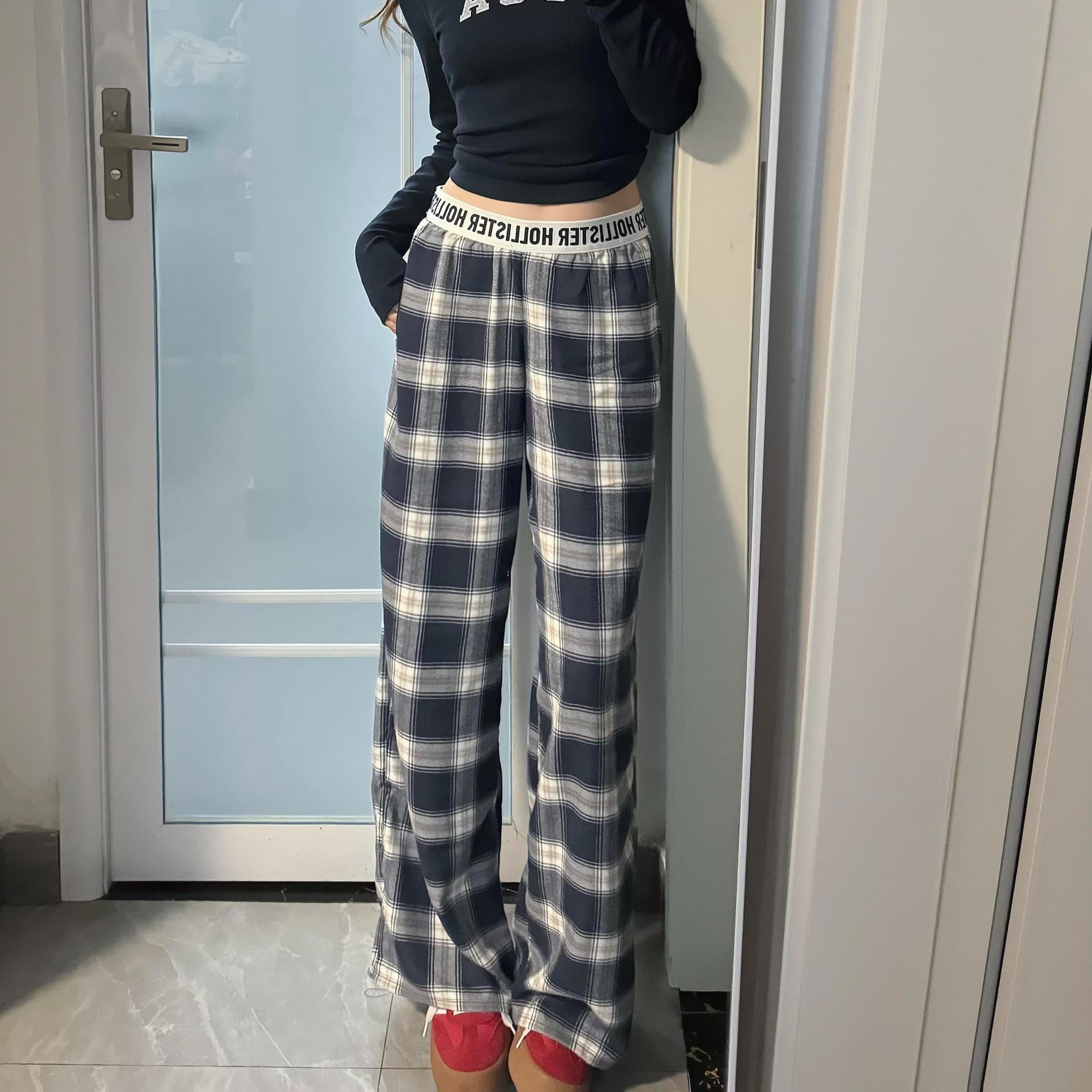 아메리칸 레트로 체크무늬 캐주얼 바지 여성 봄 알파벳 벨트 패치워크 와이드 레그 팬츠 루즈핏 도루 센스 스트레이트 바닥 청소 바지 이미지 3