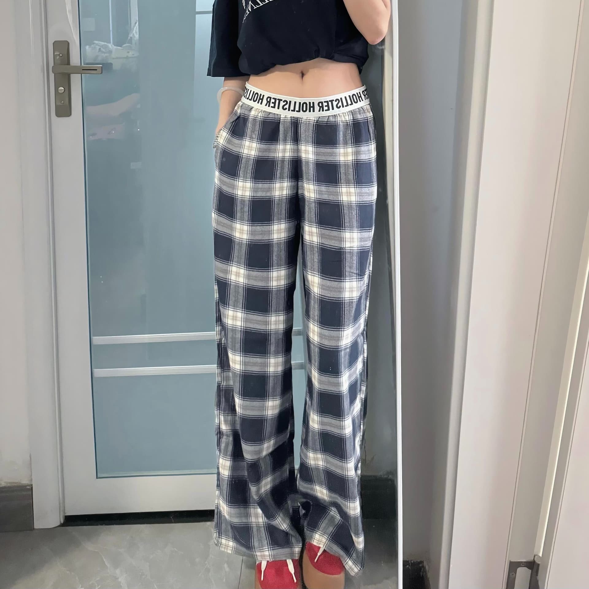 아메리칸 레트로 체크무늬 캐주얼 바지 여성 봄 알파벳 벨트 패치워크 와이드 레그 팬츠 루즈핏 도루 센스 스트레이트 바닥 청소 바지