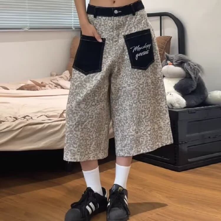 2026 아메리칸 레트로 레오파드 무늬 워크웨어 7부 바지 남녀 루즈핏 스트레이트 주머니 디자인 반바지 캐주얼 바지 이미지 2