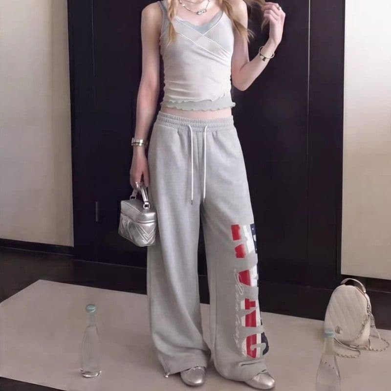 아메리칸 레트로 별 전체 인쇄 넓은 다리 웨이 바지 남녀 루즈핏 캐주얼 다용도 스트레이트 바닥 청소 트렌드 긴 바지 상세 이미지 4