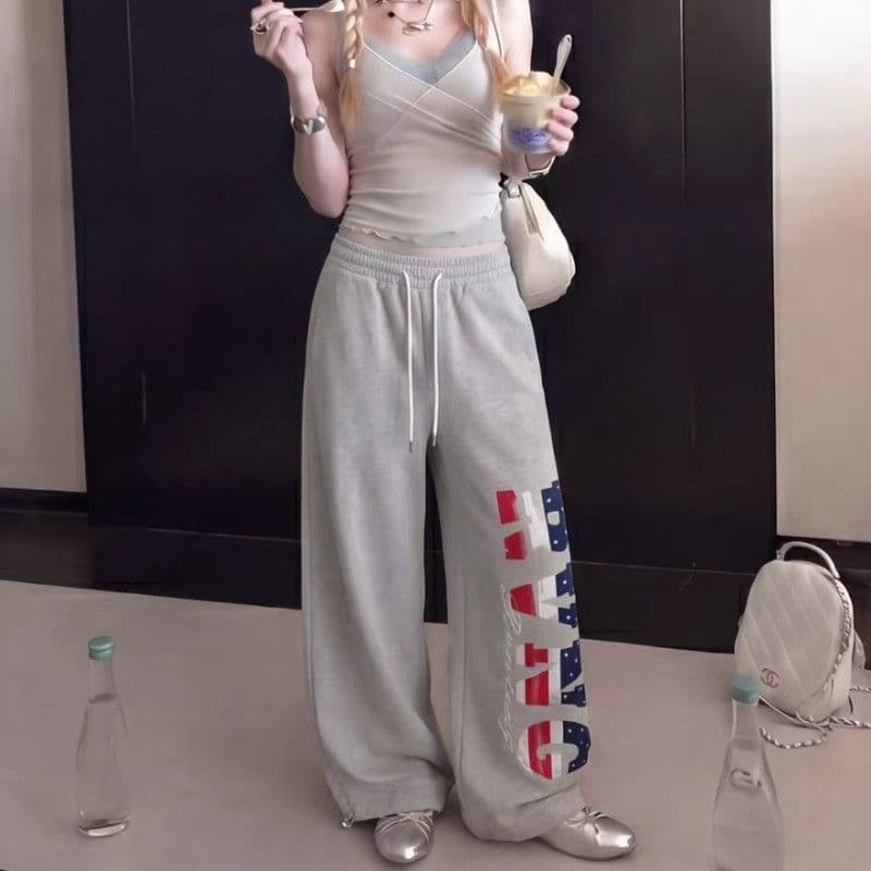 아메리칸 레트로 별 전체 인쇄 넓은 다리 웨이 바지 남녀 루즈핏 캐주얼 다용도 스트레이트 바닥 청소 트렌드 긴 바지 상세 이미지 5